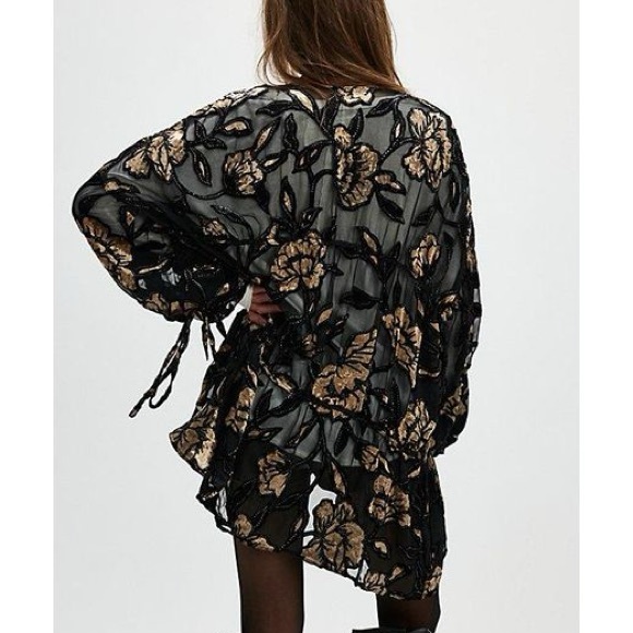 NWT - Free People - Sheer Floral Lace Kimono Cover-Up in Black and Gold - Picture 2 of 6